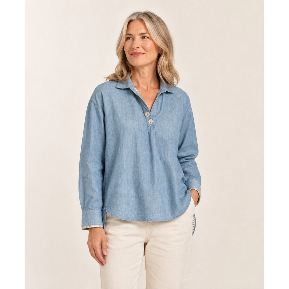 Soft Surroundings Womens PM Blue Linen Blend Chambray Henley Tunic Shirt Top